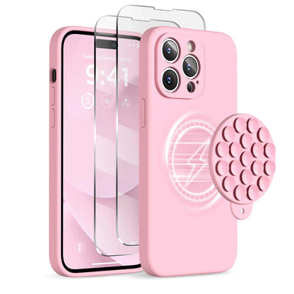 Sarung Magnetik untuk iPhone 14 Pro Max, Sesuai dengan MagSafe, [Perlindungan Kamera Penuh][2 Pelindung Skrin], Cawan Sedutan Telefon Cakera Silikon Kalis Hentakan Sarung Pelindung Telefon 6.7", Batu