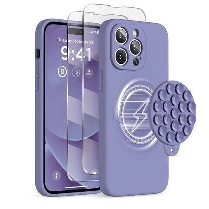 Sarung Magnetik untuk iPhone 14 Pro Max, Sesuai dengan MagSafe, [Perlindungan Kamera Penuh][2 Pelindung Skrin], Cawan Sedutan Telefon Cakera Silikon Kalis Hentakan Sarung Pelindung Telefon 6.7", Batu