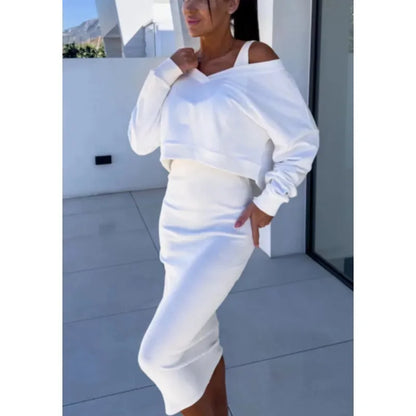 Set Vest &amp; Skirt V-Neck Wanita Musim Bunga dan Musim Luruh