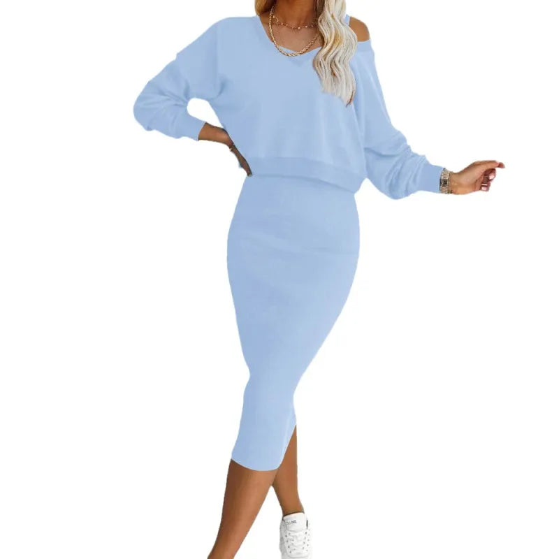 Set Vest &amp; Skirt V-Neck Wanita Musim Bunga dan Musim Luruh