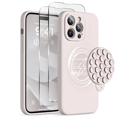 Sarung Magnetik untuk iPhone 14 Pro Max, Sesuai dengan MagSafe, [Perlindungan Kamera Penuh][2 Pelindung Skrin], Cawan Sedutan Telefon Cakera Silikon Kalis Hentakan Sarung Pelindung Telefon 6.7", Batu