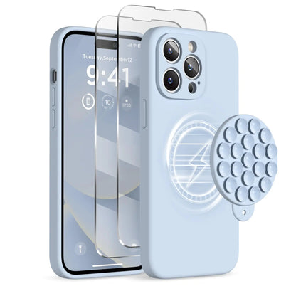 Sarung Magnetik untuk iPhone 14 Pro Max, Sesuai dengan MagSafe, [Perlindungan Kamera Penuh][2 Pelindung Skrin], Cawan Sedutan Telefon Cakera Silikon Kalis Hentakan Sarung Pelindung Telefon 6.7", Batu